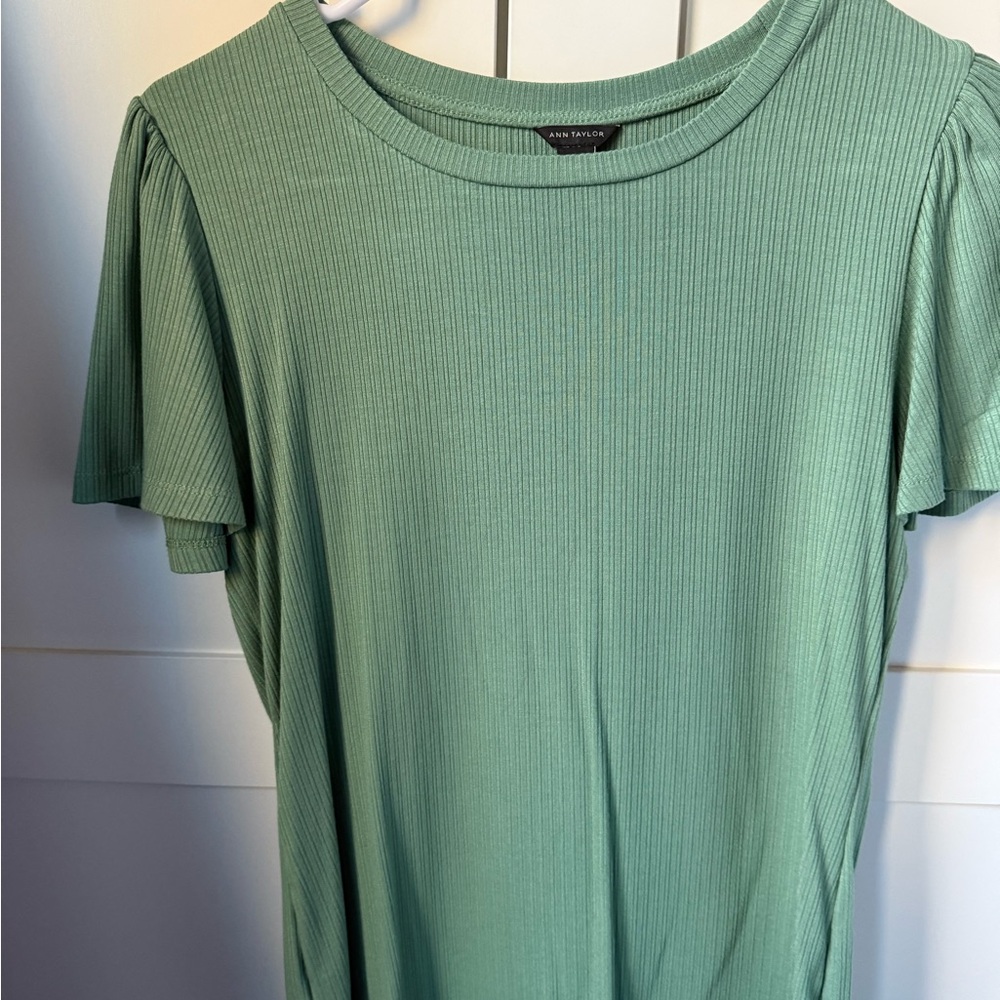 Ann Taylor Green / Mint Ribbed Short Sleeve Top with Flutter Sleeves